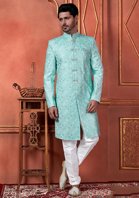 Green Embroidered Silk Indo Western Sherwani Set For Men