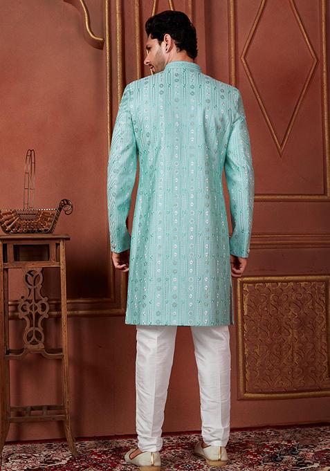 Green Embroidered Silk Indo Western Sherwani Set For Men