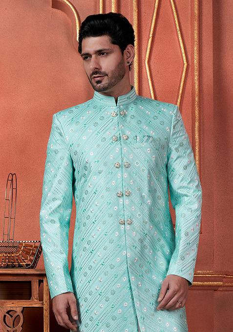 Green Embroidered Silk Indo Western Sherwani Set For Men
