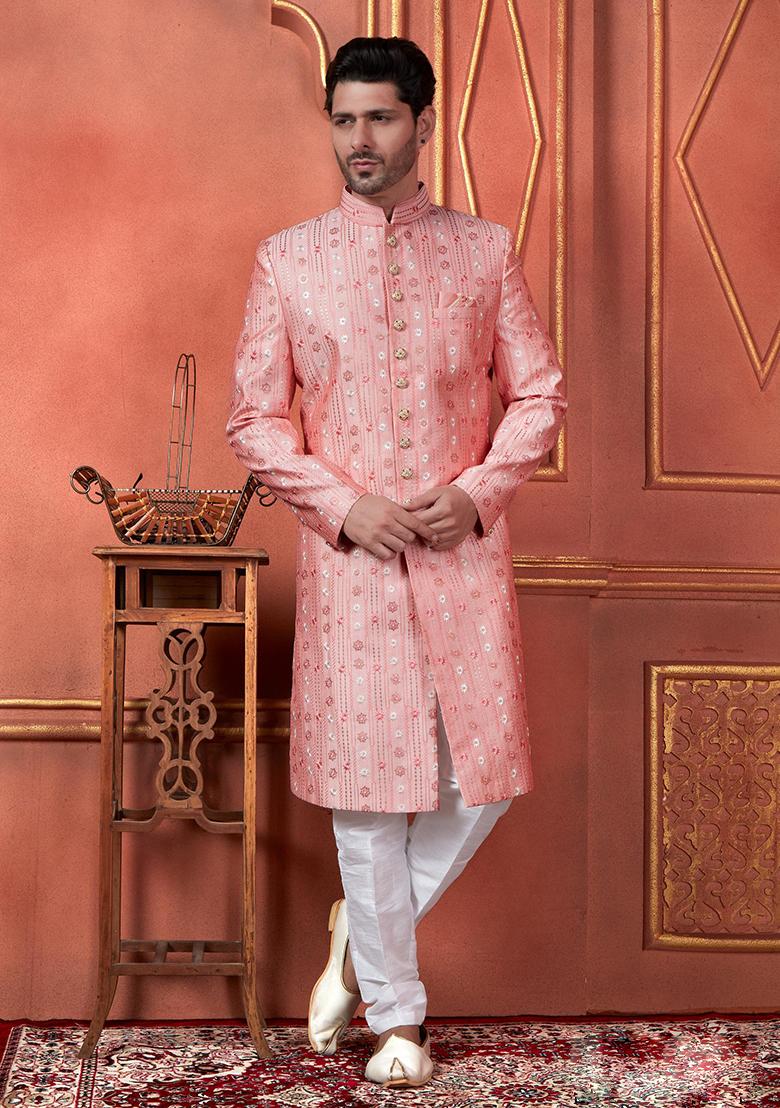 Pink Embroidered Silk Indo Western Sherwani Set For Men