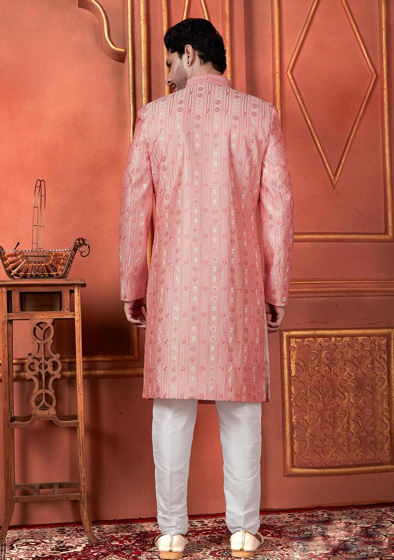 Pink Embroidered Silk Indo Western Sherwani Set For Men