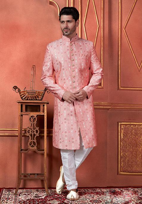 Pink Embroidered Silk Indo Western Sherwani Set For Men