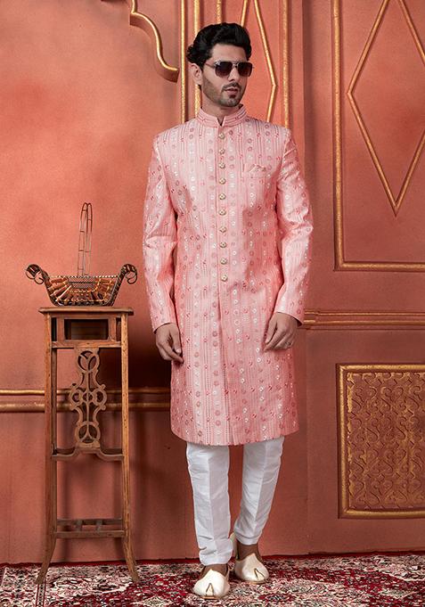 Pink Embroidered Silk Indo Western Sherwani Set For Men