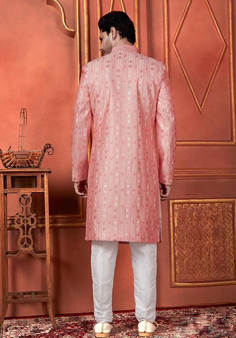 Pink Embroidered Silk Indo Western Sherwani Set For Men
