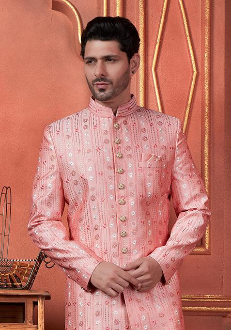 Pink Embroidered Silk Indo Western Sherwani Set For Men