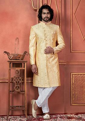 Yellow Embroidered Silk Indo Western Sherwani Set For Men
