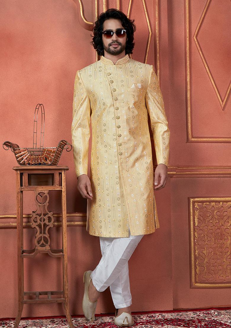 Yellow Embroidered Silk Indo Western Sherwani Set For Men
