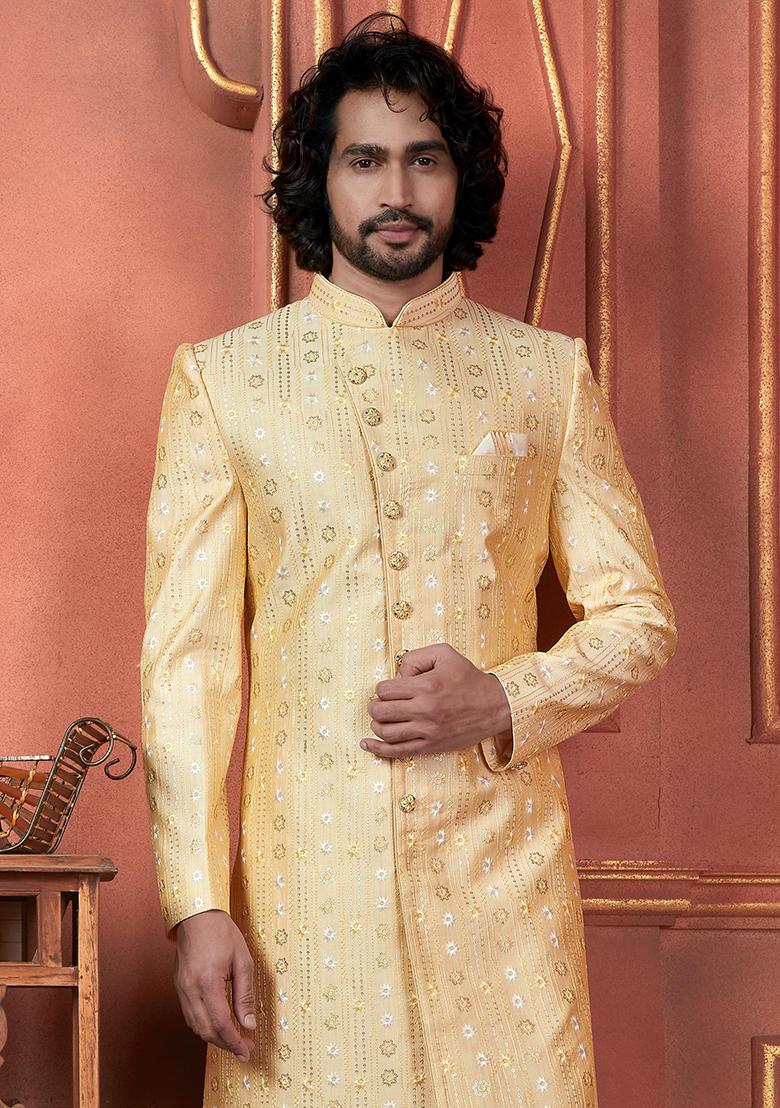 Yellow Embroidered Silk Indo Western Sherwani Set For Men