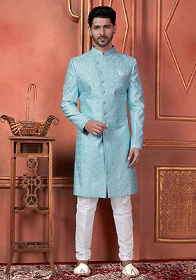 Blue Embroidered Silk Indo Western Sherwani Set For Men