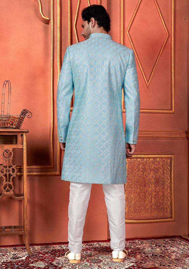 Blue Embroidered Silk Indo Western Sherwani Set For Men
