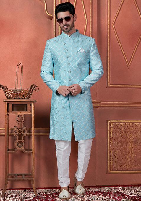 Blue Embroidered Silk Indo Western Sherwani Set For Men