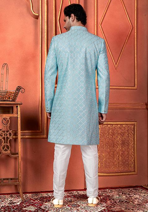 Blue Embroidered Silk Indo Western Sherwani Set For Men
