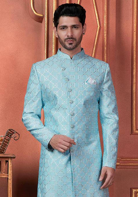 Blue Embroidered Silk Indo Western Sherwani Set For Men