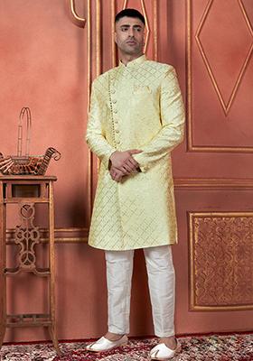 Yellow Embroidered Silk Indo Western Sherwani Set For Men