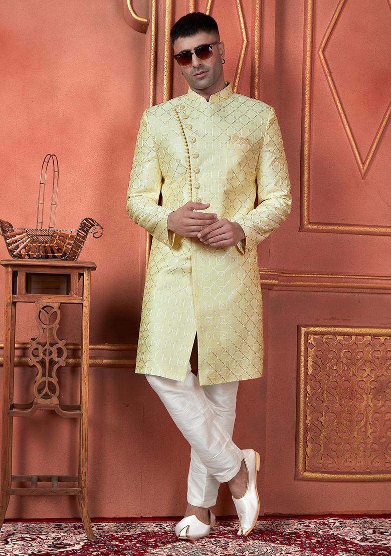 Yellow Embroidered Silk Indo Western Sherwani Set For Men