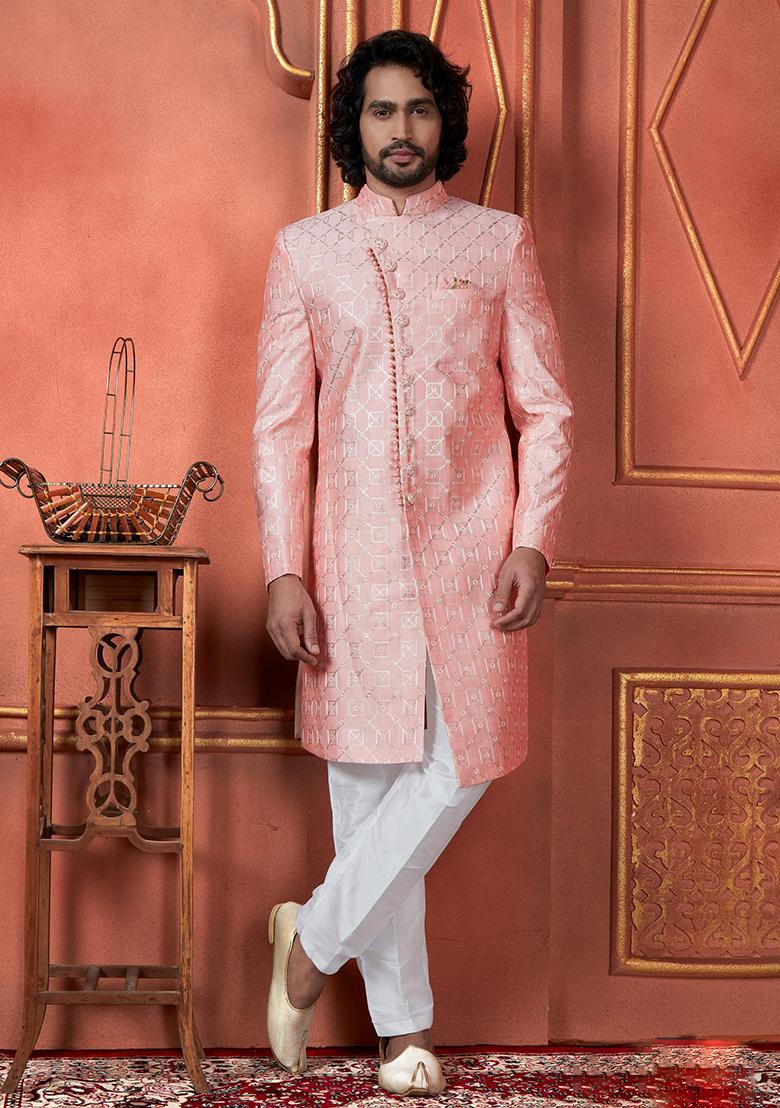 Pink Embroidered Silk Indo Western Sherwani Set For Men