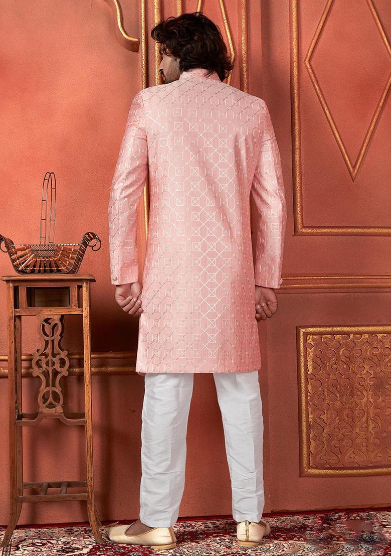 Pink Embroidered Silk Indo Western Sherwani Set For Men