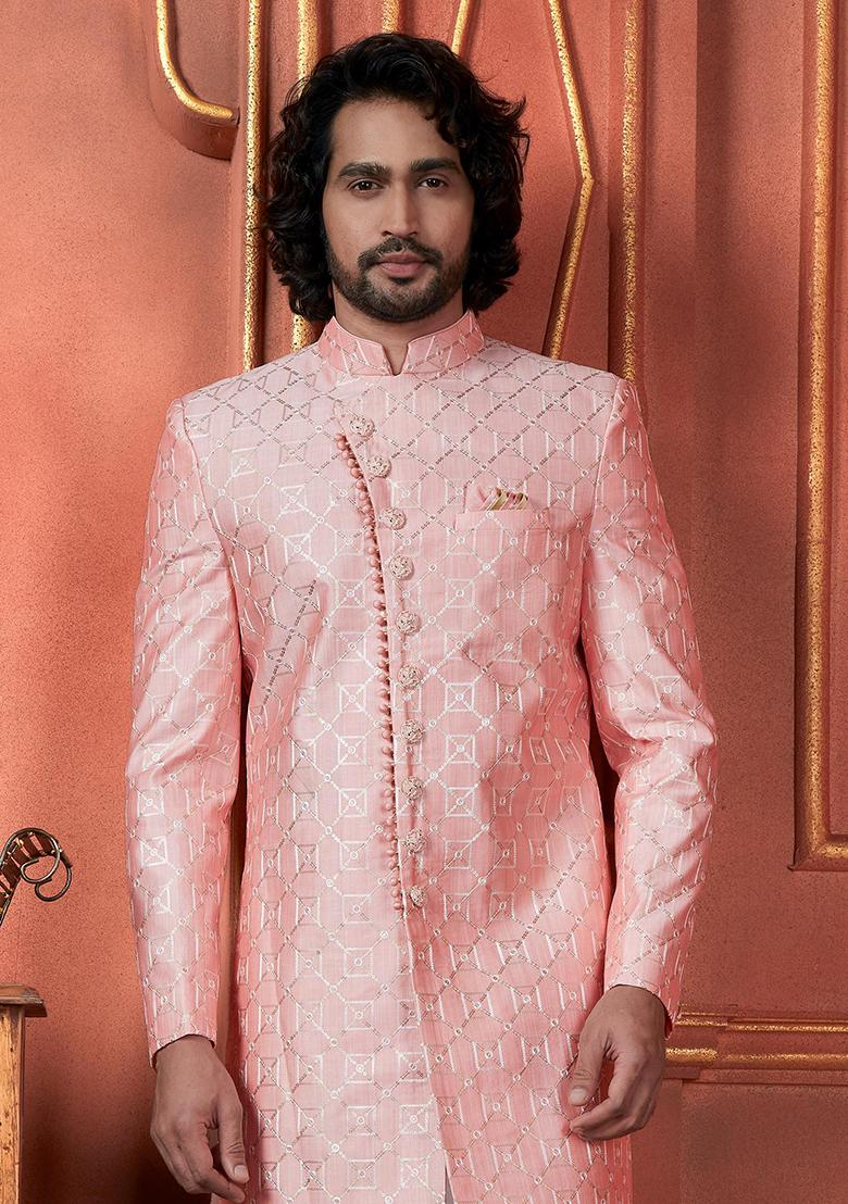 Pink Embroidered Silk Indo Western Sherwani Set For Men