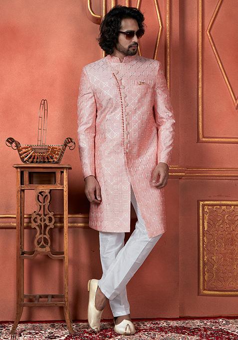 Pink Embroidered Silk Indo Western Sherwani Set For Men