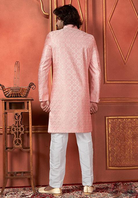 Pink Embroidered Silk Indo Western Sherwani Set For Men