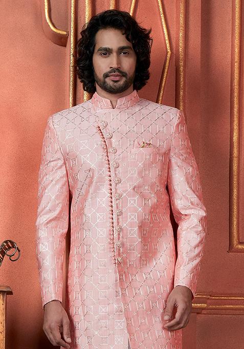 Pink Embroidered Silk Indo Western Sherwani Set For Men
