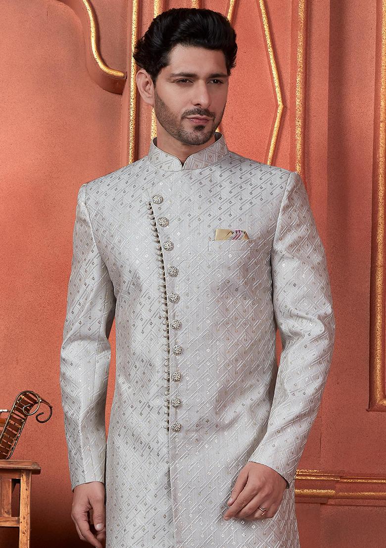 Grey Embroidered Silk Indo Western Sherwani Set For Men