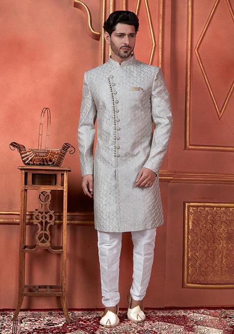 Grey Embroidered Silk Indo Western Sherwani Set For Men — view on Indya