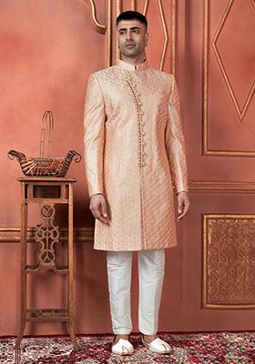 Orange Embroidered Silk Indo Western Sherwani Set For Men