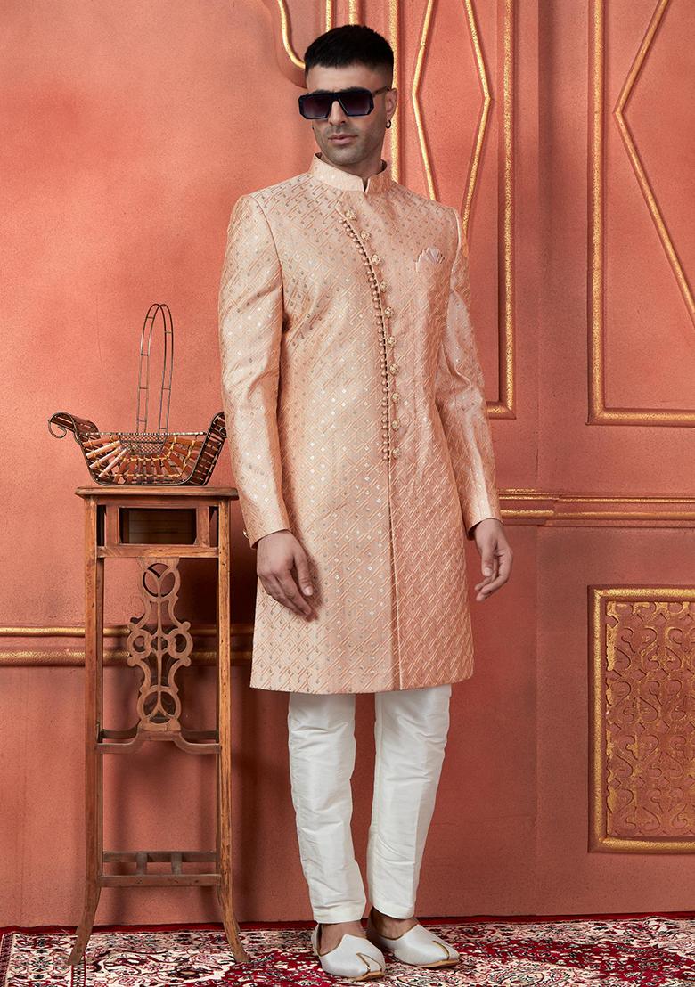 Orange Embroidered Silk Indo Western Sherwani Set For Men