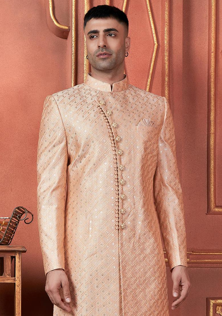 Orange Embroidered Silk Indo Western Sherwani Set For Men