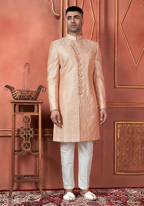 Orange Embroidered Silk Indo Western Sherwani Set For Men