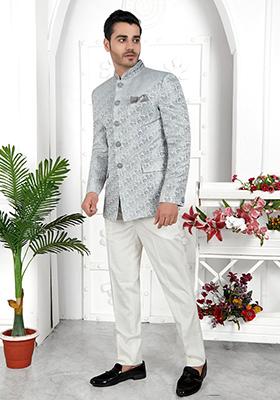 Light Grey Embroidered Silk Bandhgala For Men