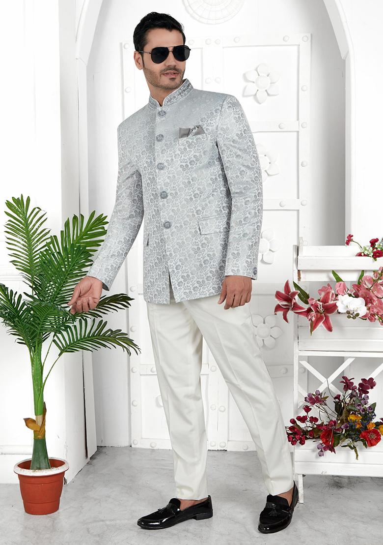 Light Grey Embroidered Silk Bandhgala For Men