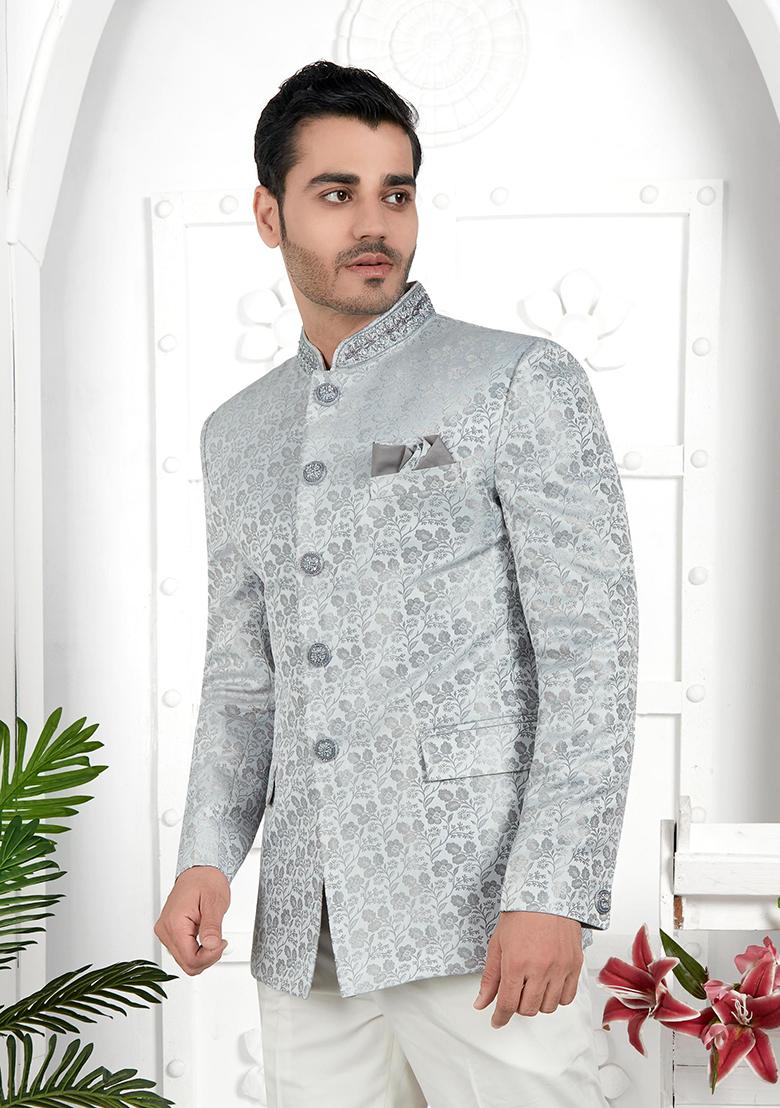 Light Grey Embroidered Silk Bandhgala For Men