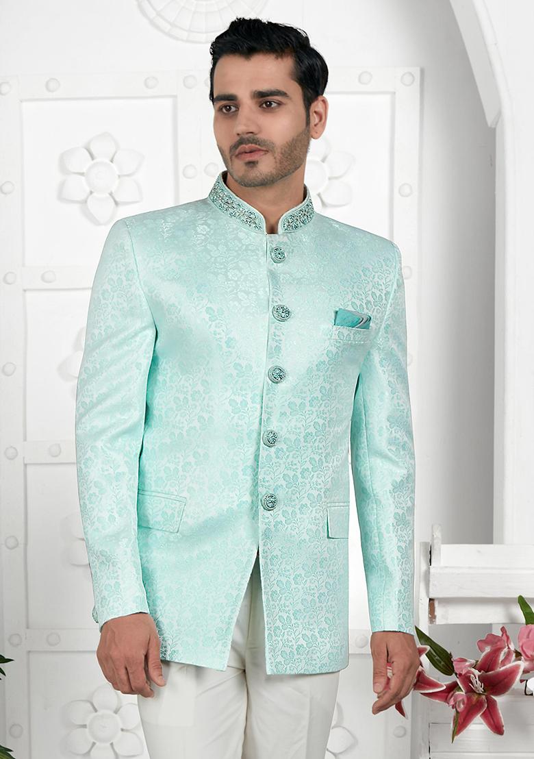 Firozi Green Embroidered Silk Bandhgala For Men