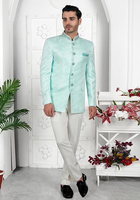 Firozi Green Embroidered Silk Bandhgala For Men