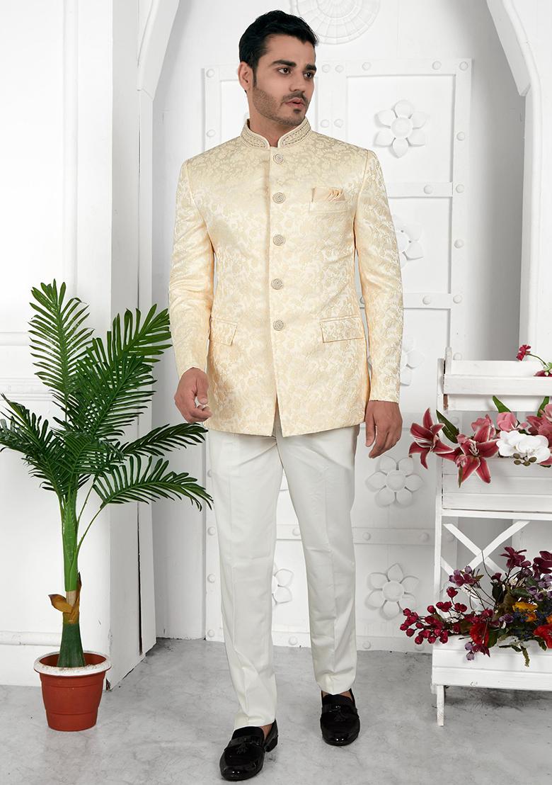 Beige Embroidered Silk Bandhgala For Men
