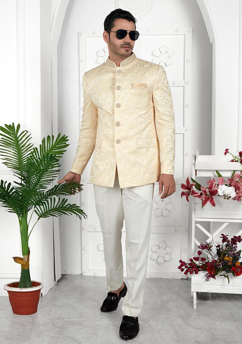 Beige Embroidered Silk Bandhgala For Men