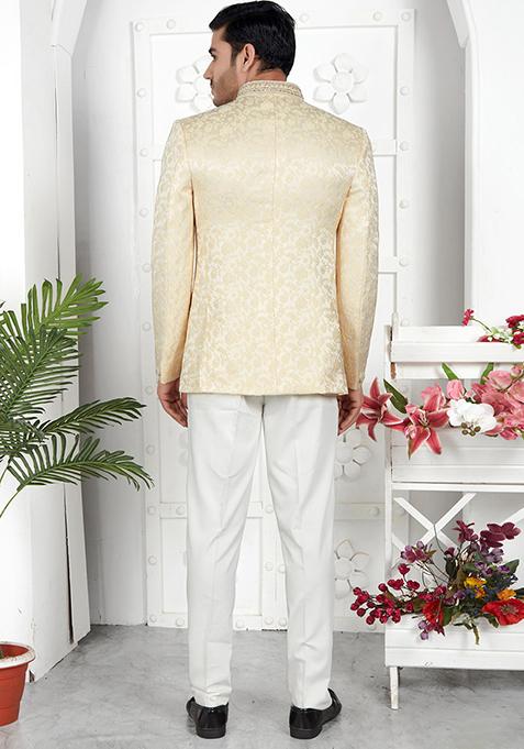 Beige Embroidered Silk Bandhgala For Men
