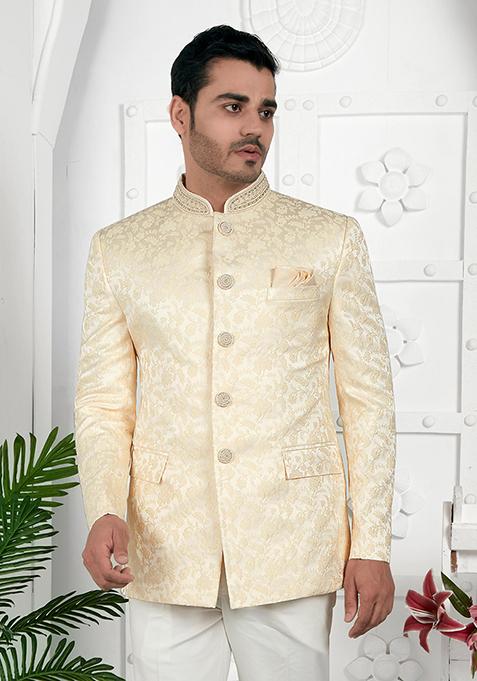 Beige Embroidered Silk Bandhgala For Men