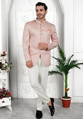 Peach Embroidered Silk Bandhgala For Men