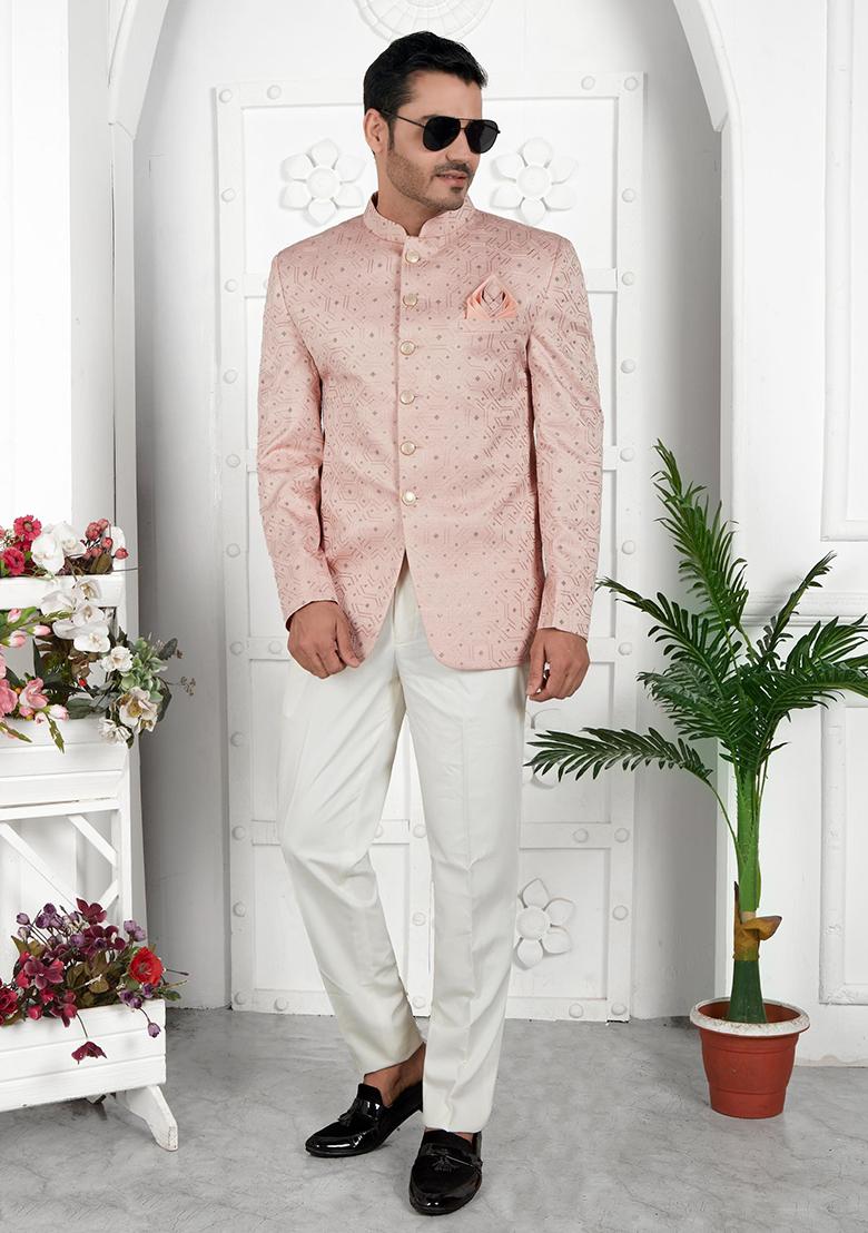 Peach Embroidered Silk Bandhgala For Men