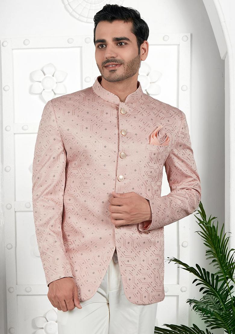 Peach Embroidered Silk Bandhgala For Men