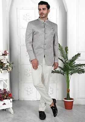 Grey Embroidered Silk Bandhgala For Men
