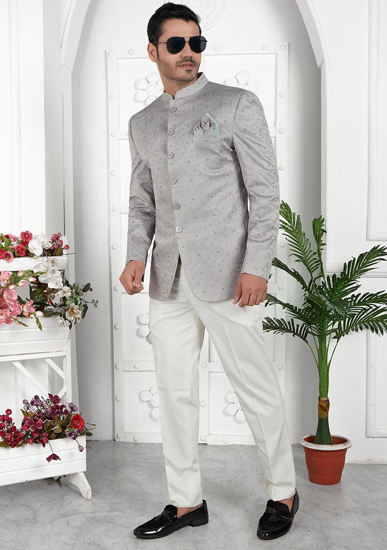 Grey Embroidered Silk Bandhgala For Men