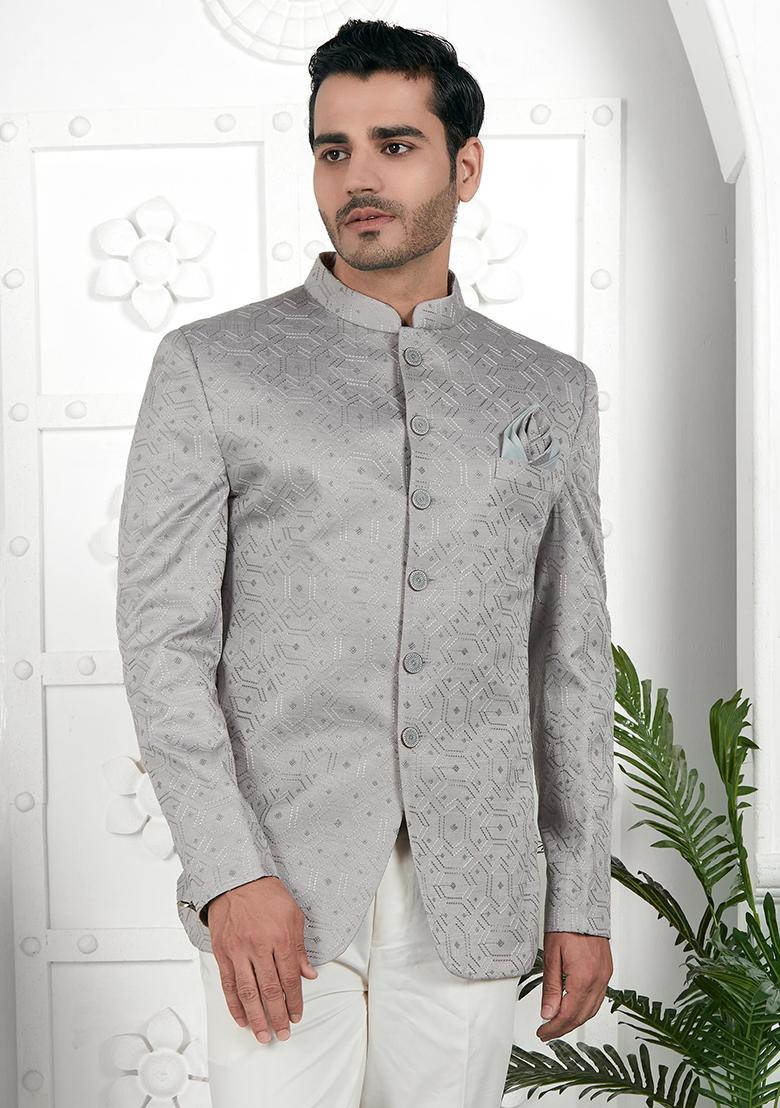 Grey Embroidered Silk Bandhgala For Men