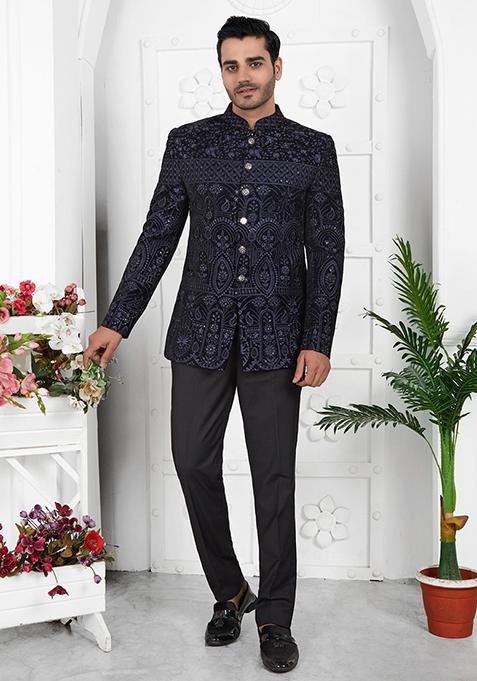 Blue Embroidered Velvet Bandhgala For Men