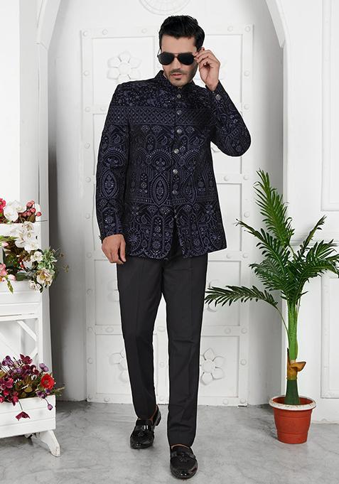 Blue Embroidered Velvet Bandhgala For Men