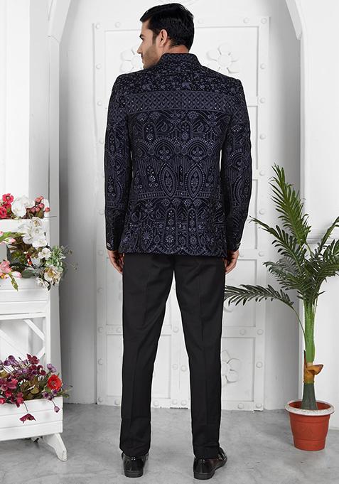 Blue Embroidered Velvet Bandhgala For Men