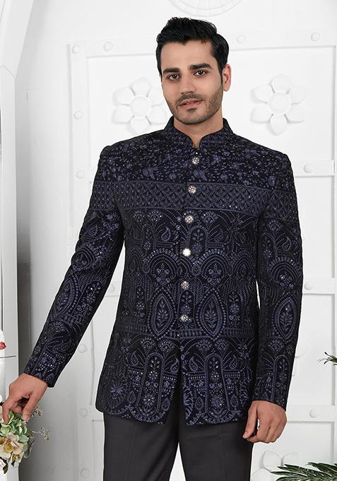 Blue Embroidered Velvet Bandhgala For Men